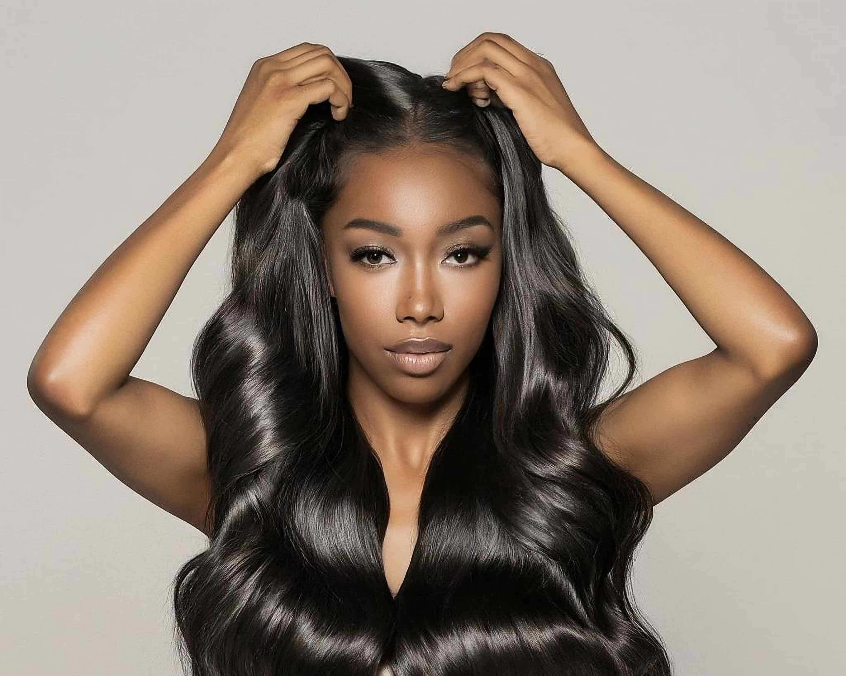 Black,Asian,Woman,Putting,On,A,Long,Black,Wavy,Wig