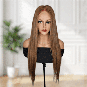 HD Lace Echthaar Perücke Mittelbraun-Hellbraun Mix, 60 cm, frontal auf Puppenkopf, glatte Struktur